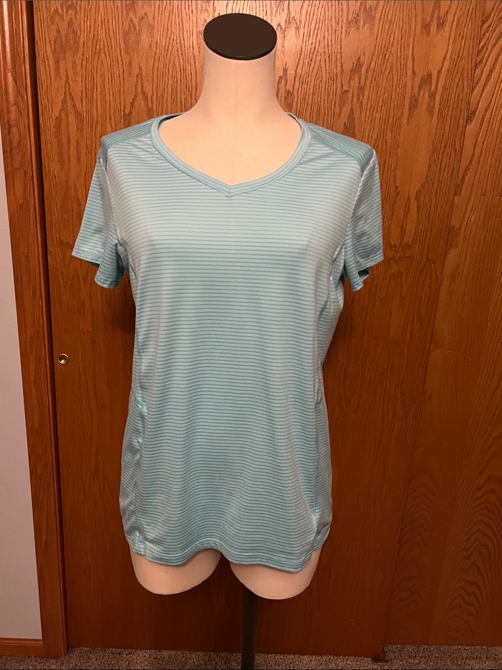 Ascend Performance Light Aqua Striped V‑Neck Short Sleeve Tee